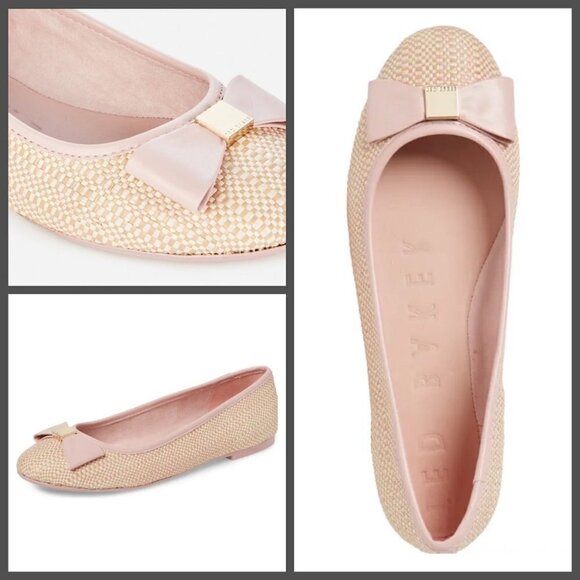 💕TED BAKER LONDON💕 Sualli Flat Raffia Pink Bow Ballet Pumps 38 New Without Box - Picture 1 of 16